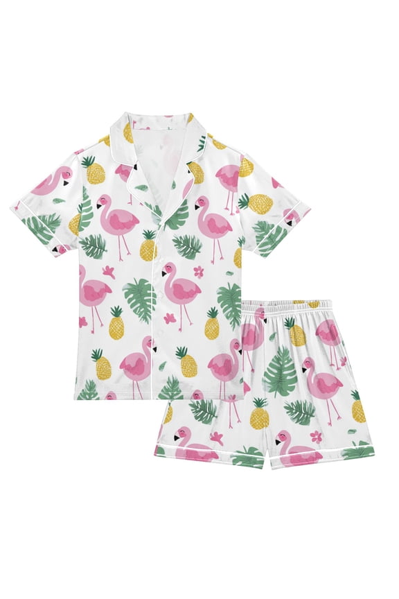 Silky Satin Kids' Pajama Set Breathable & Smooth Unisex Button-Down Pajamas Flamingo and Pineapple Pattern Small