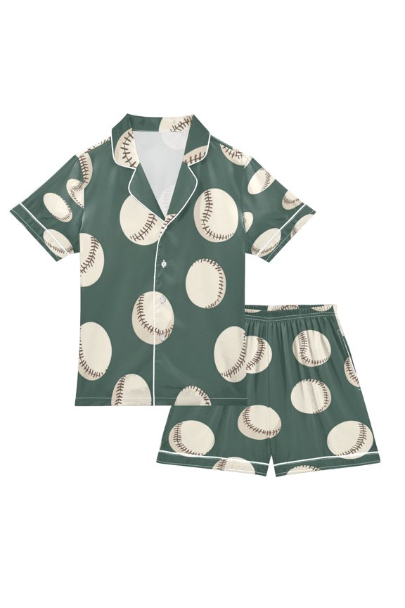 Silky Satin Kids' Pajama Set Breathable & Smooth Unisex Button-Down Pajamas Green Baseball Pattern