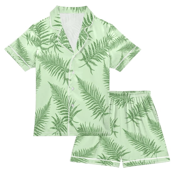 Silky Satin Kids' Pajama Set Breathable & Smooth Unisex Button-Down Pajamas Green Fern Leaves Pattern