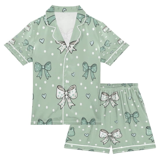 Silky Satin Kids' Pajama Set Breathable & Smooth Unisex Button-Down Pajamas Green and Mint Bows