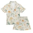 thumbnail image 1 of Silky Satin Kids' Pajama Set Breathable & Smooth Unisex Button-Down Pajamas Green and Orange Small Flowers, 1 of 8