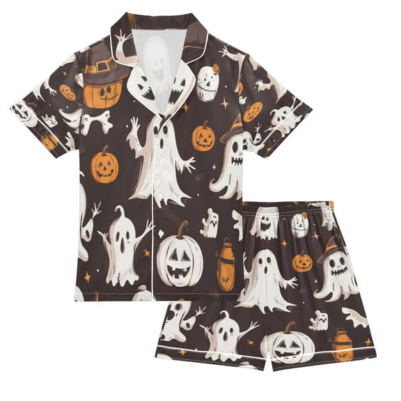 Silky Satin Kids' Pajama Set Breathable & Smooth Unisex Button-Down Pajamas Halloween-themed Cartoonish Ghosts