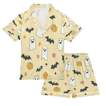 Silky Satin Kids' Pajama Set Breathable & Smooth Unisex Button-Down Pajamas Halloween-themed Pattern Design