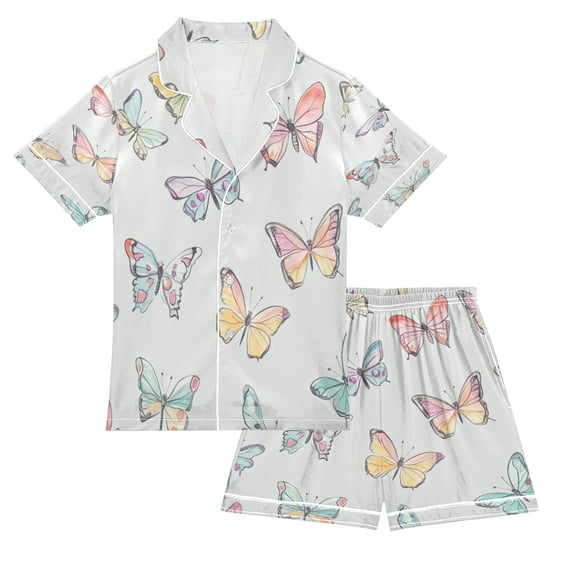 Silky Satin Kids' Pajama Set Breathable & Smooth Unisex Button-Down Pajamas Hand-drawn Pastel Colors Butterflies