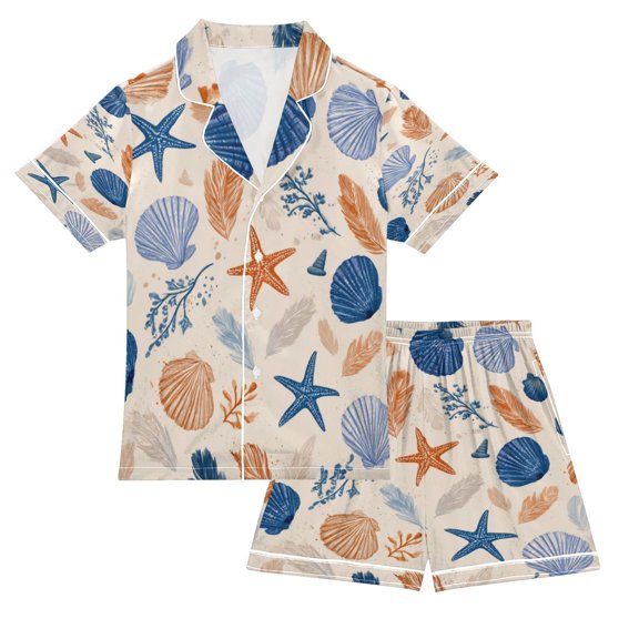 Silky Satin Kids' Pajama Set Breathable & Smooth Unisex Button-Down Pajamas Hand-drawn Shell Pattern