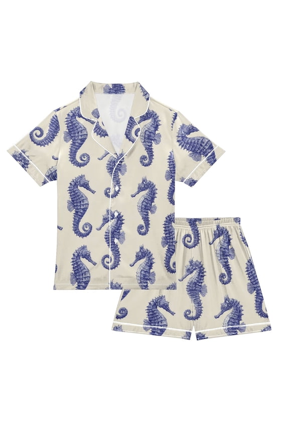 Silky Satin Kids' Pajama Set Breathable & Smooth Unisex Button-Down Pajamas Indigo Blue Seahorses Pattern Medium