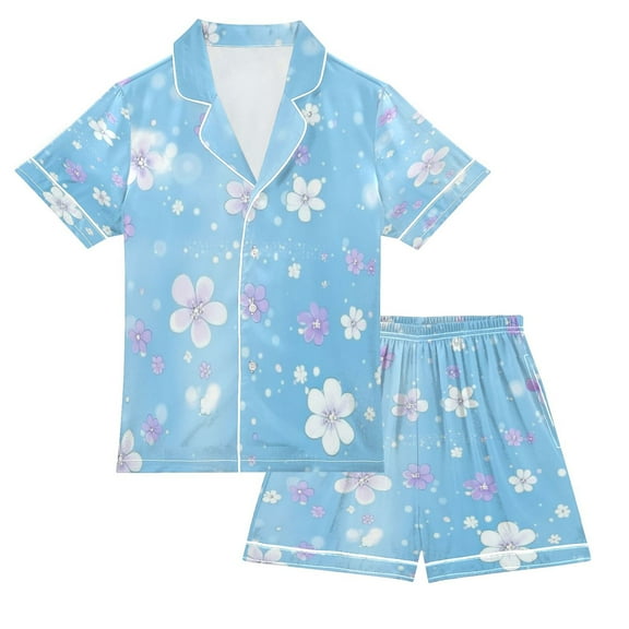 Silky Satin Kids' Pajama Set Breathable & Smooth Unisex Button-Down Pajamas Light Blue Background Flowers
