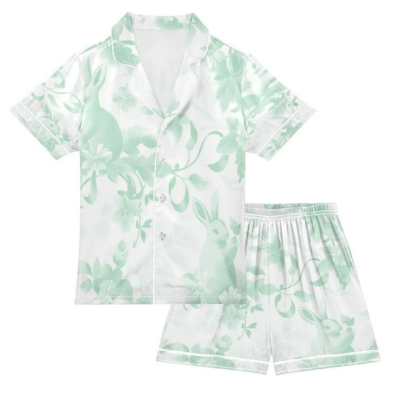 Silky Satin Kids' Pajama Set Breathable & Smooth Unisex Button-Down Pajamas Mint Green Rabbits