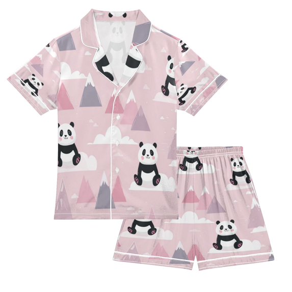 Silky Satin Kids' Pajama Set Breathable & Smooth Unisex Button-Down Pajamas Panda and Clouds Pattern