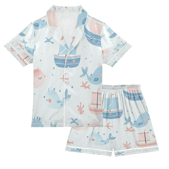 Silky Satin Kids' Pajama Set Breathable & Smooth Unisex Button-Down Pajamas Pastel Blue Sea Animals