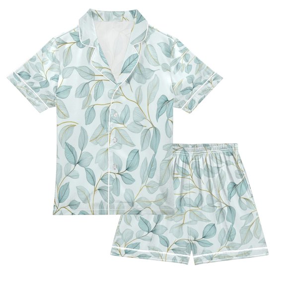 Silky Satin Kids' Pajama Set Breathable & Smooth Unisex Button-Down Pajamas Pastel Mint Green Leaves