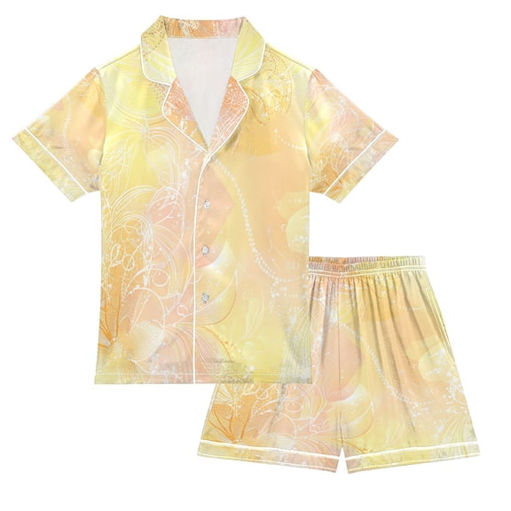 Silky Satin Kids' Pajama Set Breathable & Smooth Unisex Button-Down Pajamas Pastel Yellow Floral Elements