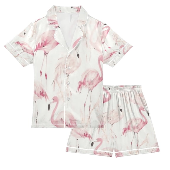 Silky Satin Kids' Pajama Set Breathable & Smooth Unisex Button-Down Pajamas Pink Flamingos