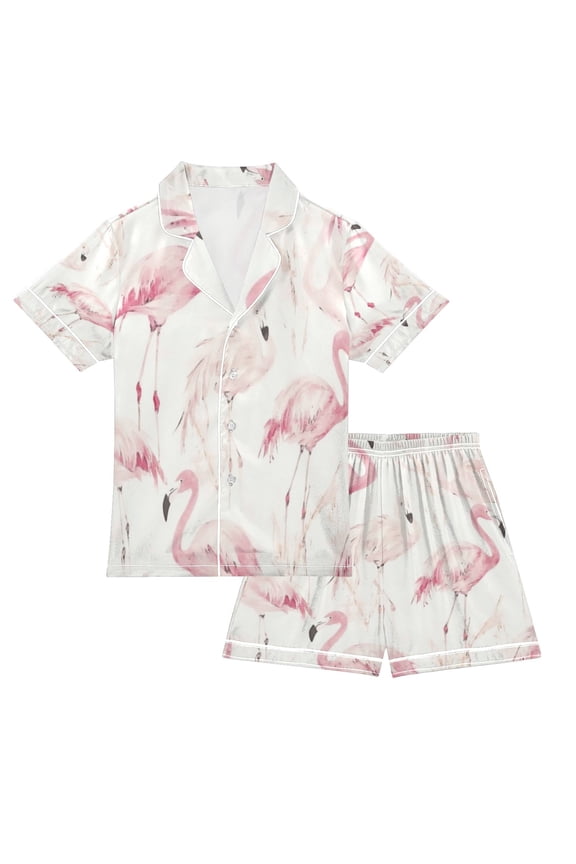 Silky Satin Kids' Pajama Set Breathable & Smooth Unisex Button-Down Pajamas Pink Flamingos