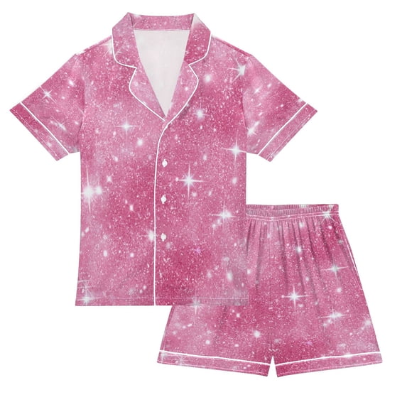 Silky Satin Kids' Pajama Set Breathable & Smooth Unisex Button-Down Pajamas Pink Glitter Background