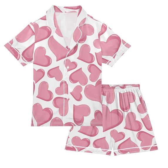 Silky Satin Kids' Pajama Set Breathable & Smooth Unisex Button-Down Pajamas Pink Hearts Pattern X-Large