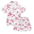 thumbnail image 1 of Silky Satin Kids' Pajama Set Breathable & Smooth Unisex Button-Down Pajamas Pink Roses and Bows, 1 of 8