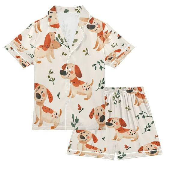 Silky Satin Kids' Pajama Set Breathable & Smooth Unisex Button-Down Pajamas Red Dog