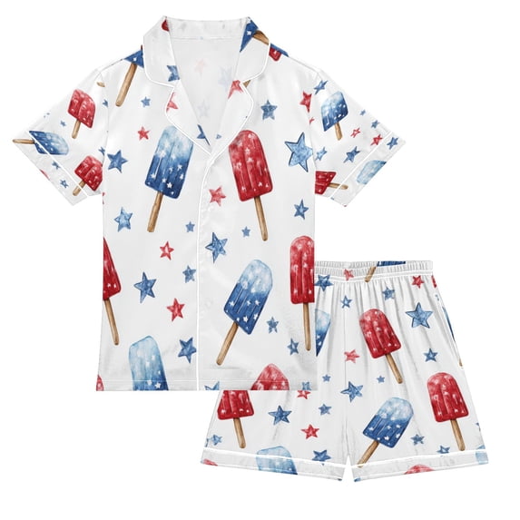 Silky Satin Kids' Pajama Set Breathable & Smooth Unisex Button-Down Pajamas Red and Blue Popsicle