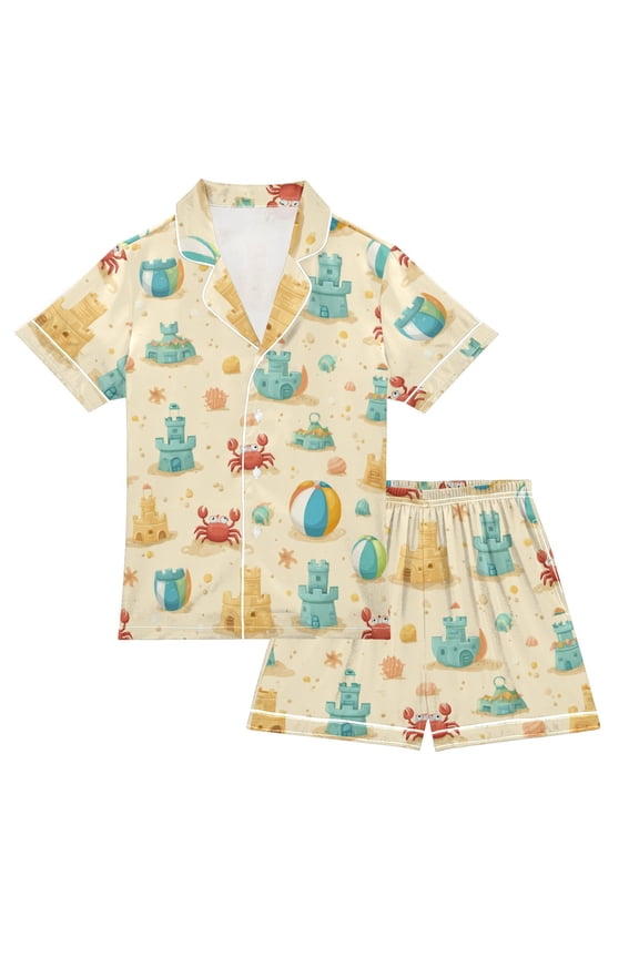 Silky Satin Kids' Pajama Set Breathable & Smooth Unisex Button-Down Pajamas Sandcastles and Crabs Pattern Large