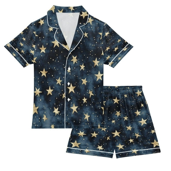 Silky Satin Kids' Pajama Set Breathable & Smooth Unisex Button-Down Pajamas Small Gold Stars Pattern
