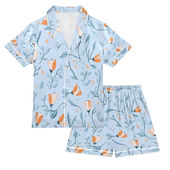 Silky Satin Kids' Pajama Set Breathable & Smooth Unisex Button-Down Pajamas Small Tulips Pattern