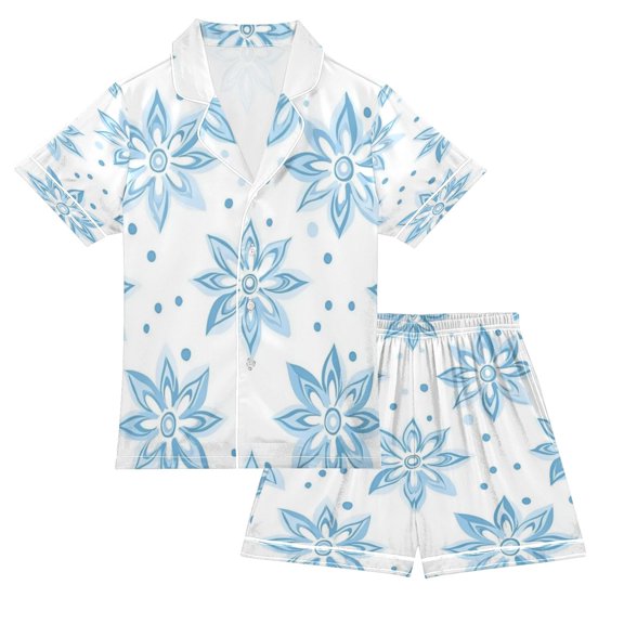 Silky Satin Kids' Pajama Set Breathable & Smooth Unisex Button-Down Pajamas Snowflake-like Flowers Pattern