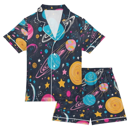Silky Satin Kids' Pajama Set Breathable & Smooth Unisex Button-Down Pajamas Stars and Planets Pattern