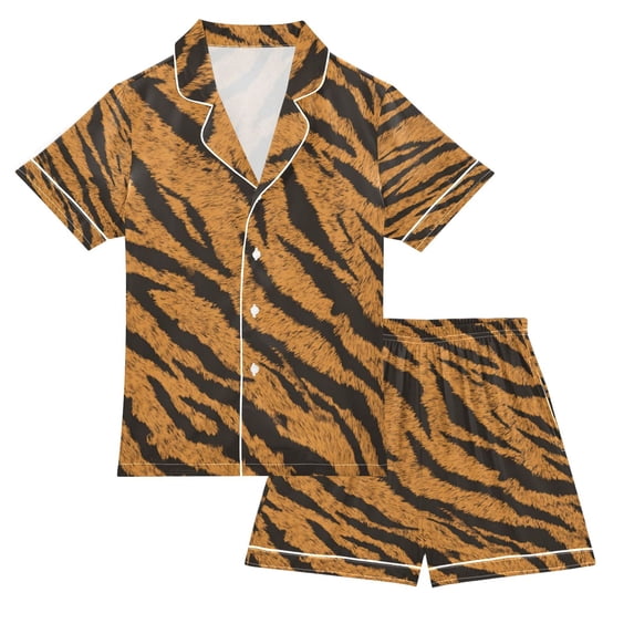Silky Satin Kids' Pajama Set Breathable & Smooth Unisex Button-Down Pajamas Tiger Stripes Pattern