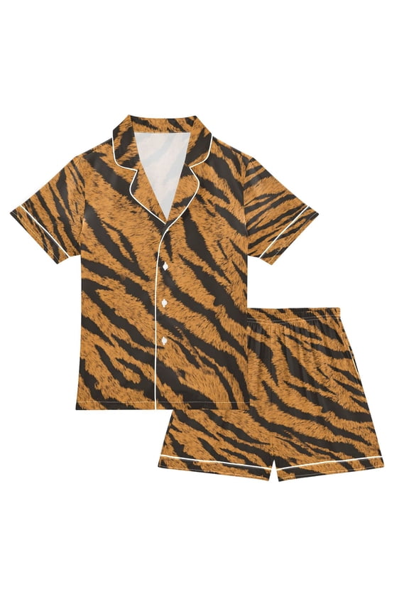 Silky Satin Kids' Pajama Set Breathable & Smooth Unisex Button-Down Pajamas Tiger Stripes Pattern
