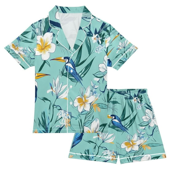 Silky Satin Kids' Pajama Set Breathable & Smooth Unisex Button-Down Pajamas Tropical Flowers and Birds