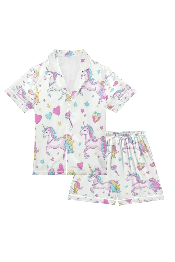 Silky Satin Kids' Pajama Set Breathable & Smooth Unisex Button-Down Pajamas Unicorns and Magic Wands