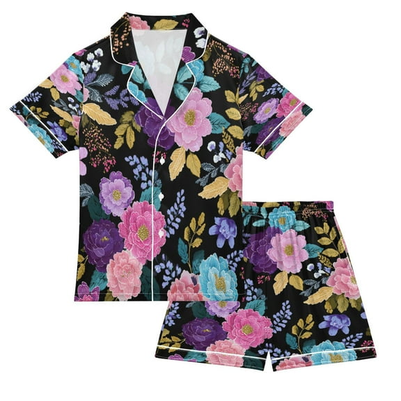 Silky Satin Kids' Pajama Set Breathable & Smooth Unisex Button-Down Pajamas Vibrant and Colorful Floral