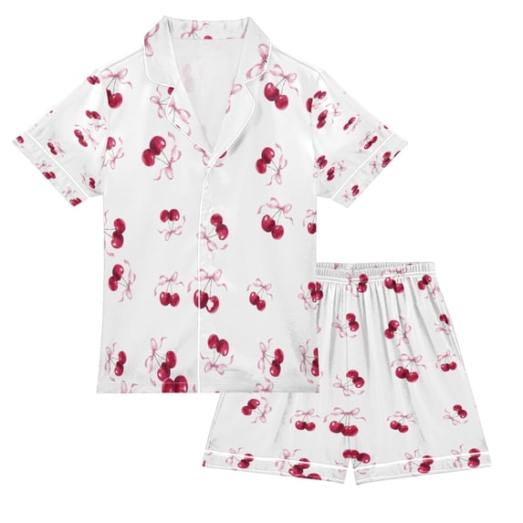 Silky Satin Kids' Pajama Set Breathable & Smooth Unisex Button-Down Pajamas Watercolor Cherries Pattern