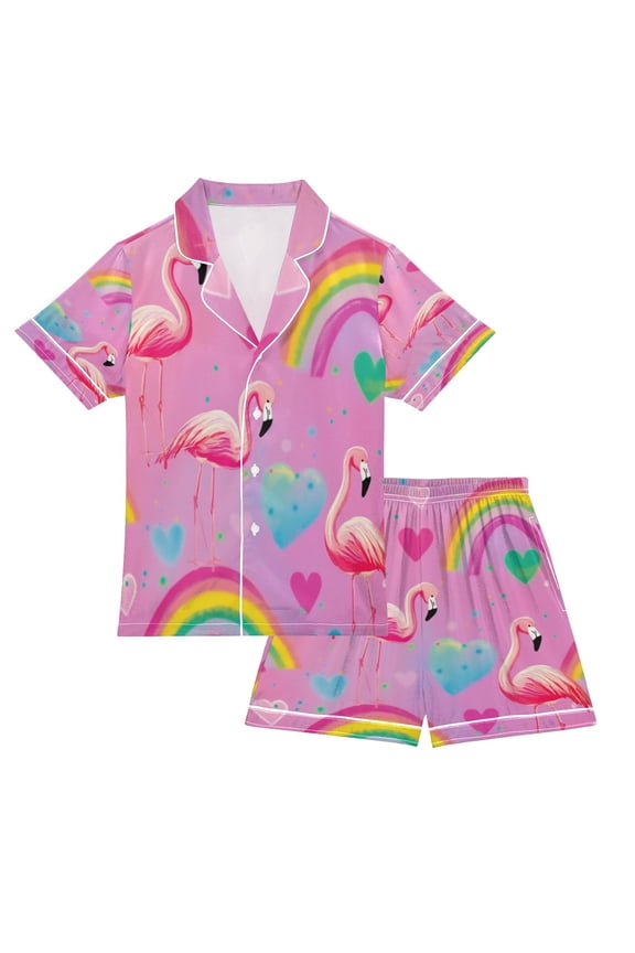 Silky Satin Kids' Pajama Set Breathable & Smooth Unisex Button-Down Pajamas Watermelon Hue Flamingos