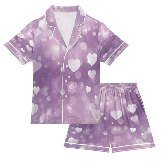 Silky Satin Kids' Pajama Set Breathable & Smooth Unisex Button-Down Pajamas White Hearts and Bokeh Lights