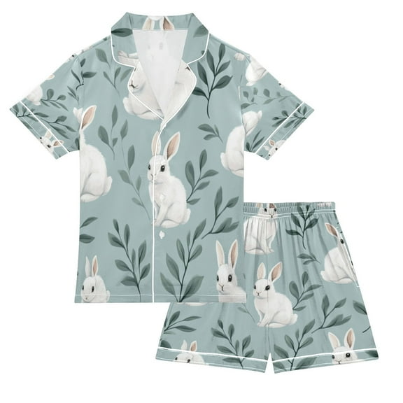 Silky Satin Kids' Pajama Set Breathable & Smooth Unisex Button-Down Pajamas White Rabbits Pattern