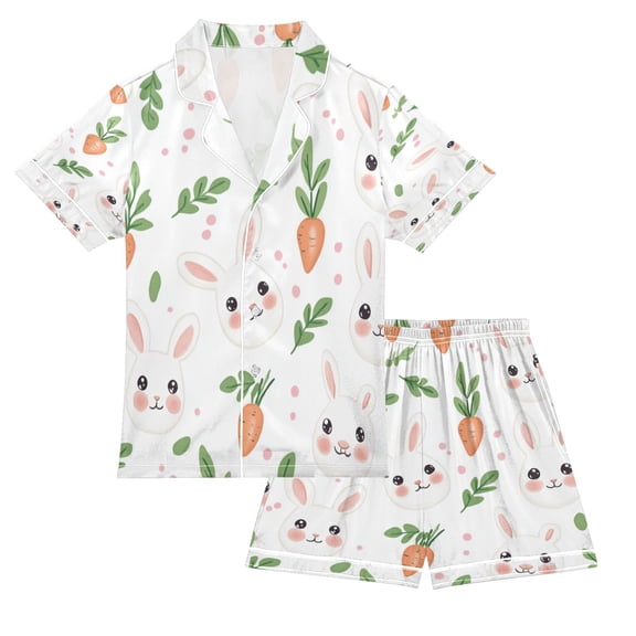 Silky Satin Kids' Pajama Set Breathable & Smooth Unisex Button-Down Pajamas White Rabbits and Carrots