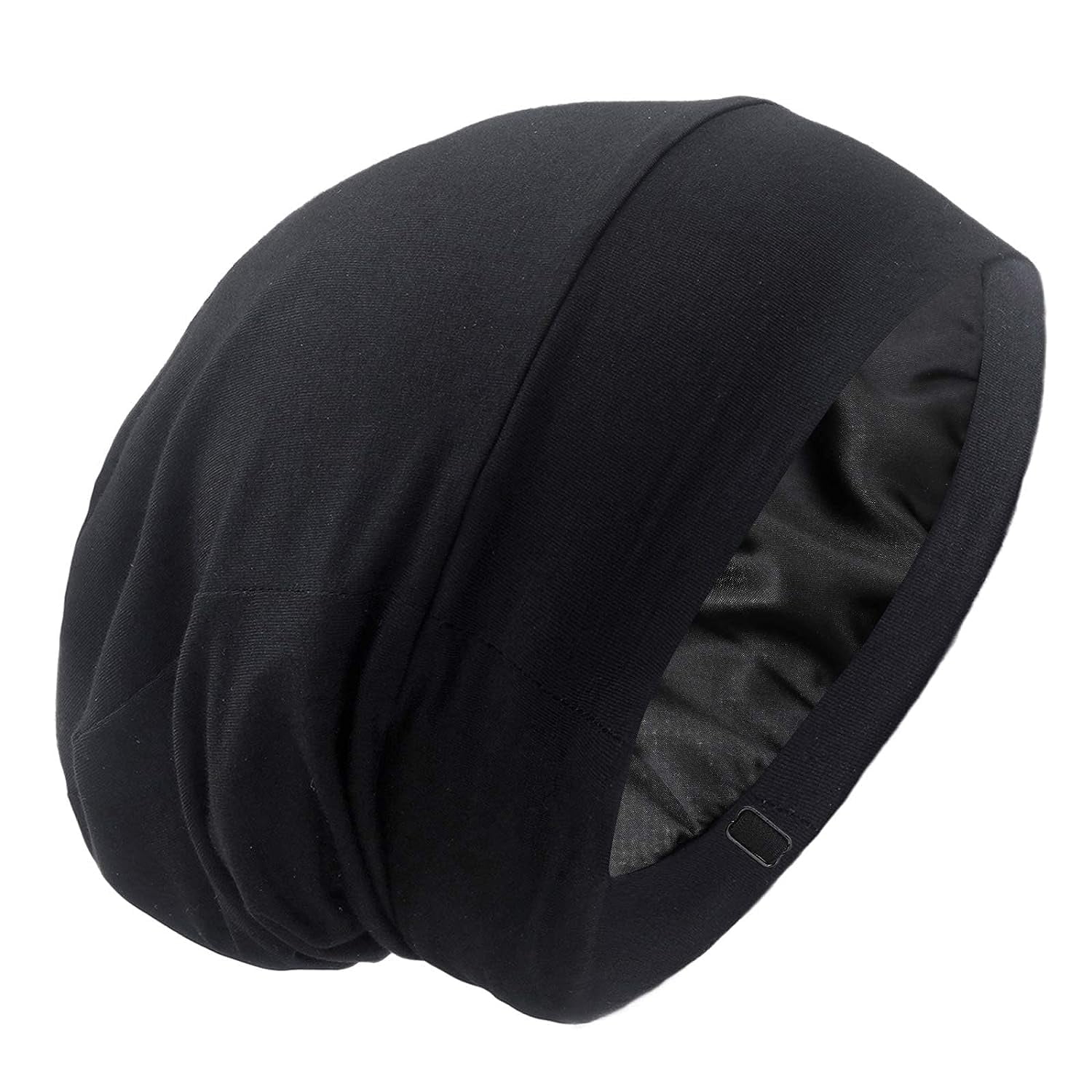 Silk Satin Lined Bonnet Sleep Cap - Adjustable Stay on All Night Hair Wrap Cover Slouchy Beanie for Curly Protection Women and Men Solid Black