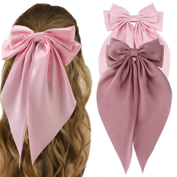 Silky Satin Oversized Long Tail Big Bowknot Hair Accessories: 2Pcs Pink Purple Barrettes with Metal Clips for Women and Girls Gifts