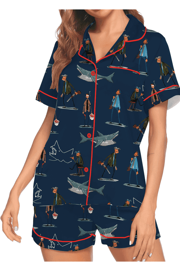 Silky Satin Pajama Set For Women | Funny Shark & Boat Print Sleepwear