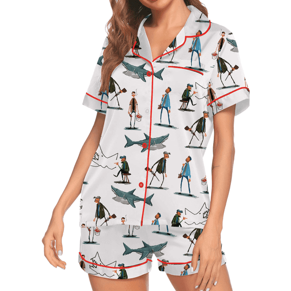 Silky Satin Pajama Set For Women | Funny Shark & Boat Print Sleepwear