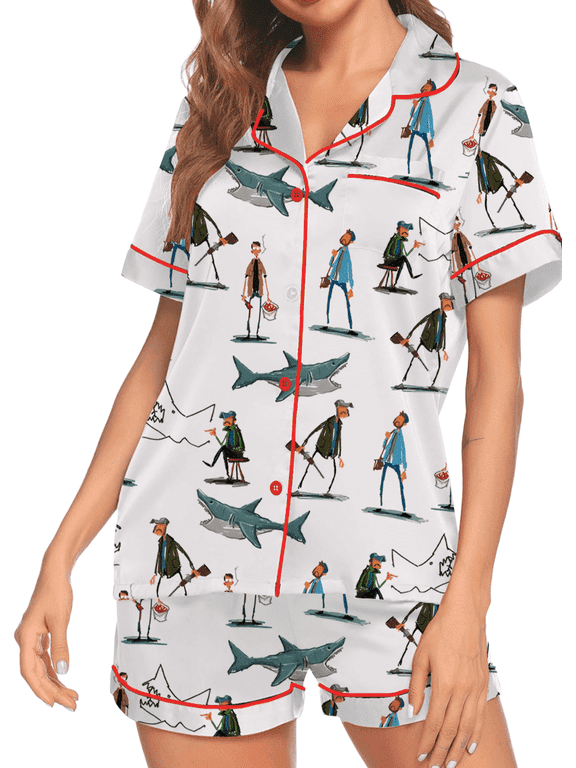 Silky Satin Pajama Set For Women | Funny Shark & Boat Print Sleepwear