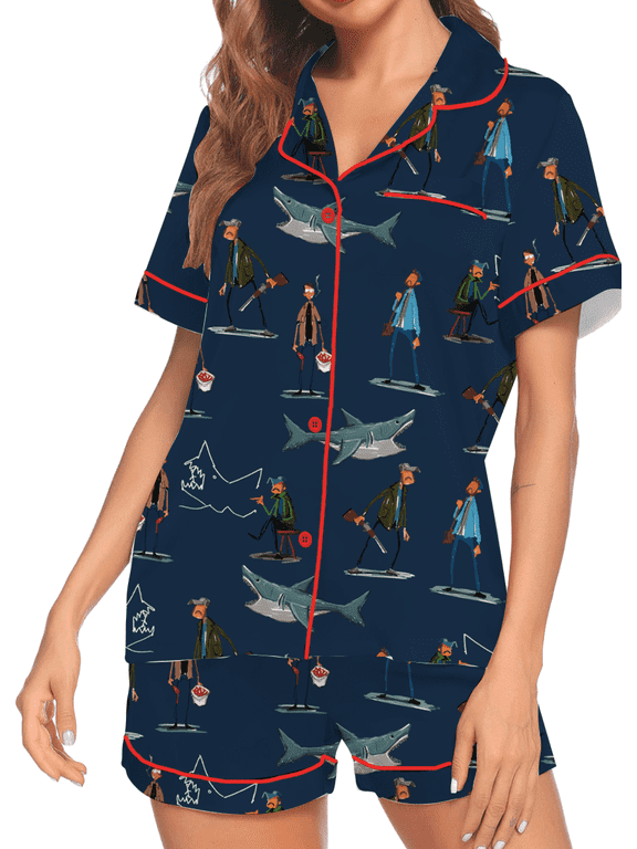 Silky Satin Pajama Set For Women | Funny Shark & Boat Print Sleepwear