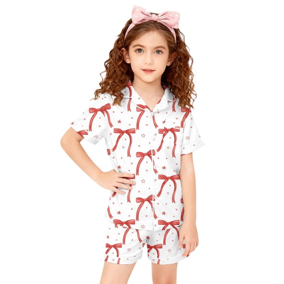 Silky Satin Pajama Valentines Bow Print Short Sleeves Set For Little Girls Trendy Button 2-Piece Outfit Kid Sleepwear Satin Pajamas For Girls Red 6 Y-7 Y