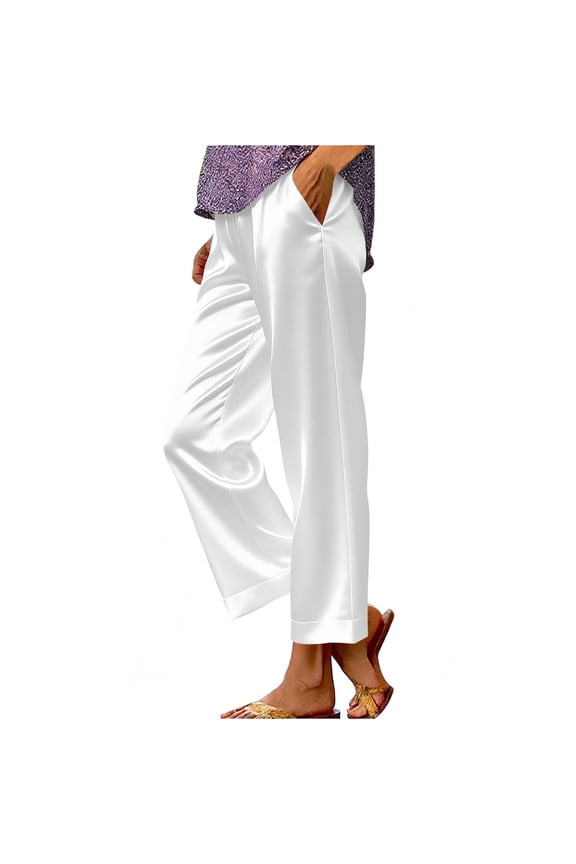 Silky Satin Pants for Women Casual Dressy Wide Leg Pocketed Cooling Summer Beach Travel Trousers Ankle Length (M, White)