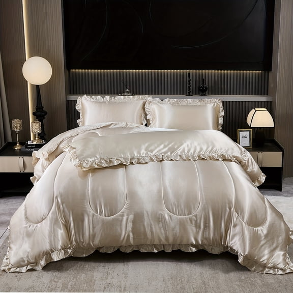 Silky Satin Queen Comforter Set 4pcs Pink Luxury Bedding Hotel Soft Polyester Quilt Lightweight All Season Microfiber Filling with Ruffle Pillow Covers