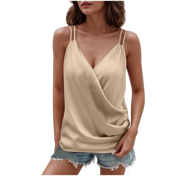 Silky Satin Spaghetti Straps Tank Tops for Womens Sexy Deep V Neck Camisole Sleeveless Wrap T-Shirts Adjustable Strap Solid Color Vest Smoothing Soft Fabric for All Day Comfort