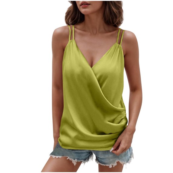 Silky Satin Spaghetti Straps Tank Tops for Womens Sexy Deep V Neck Camisole Sleeveless Wrap T-Shirts Adjustable Strap Solid Color Vest Smoothing Soft Fabric for All Day Comfort