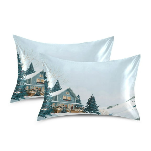 Silky Satin Standard Pillowcases For Hair And Skin A House with Christmas Trees